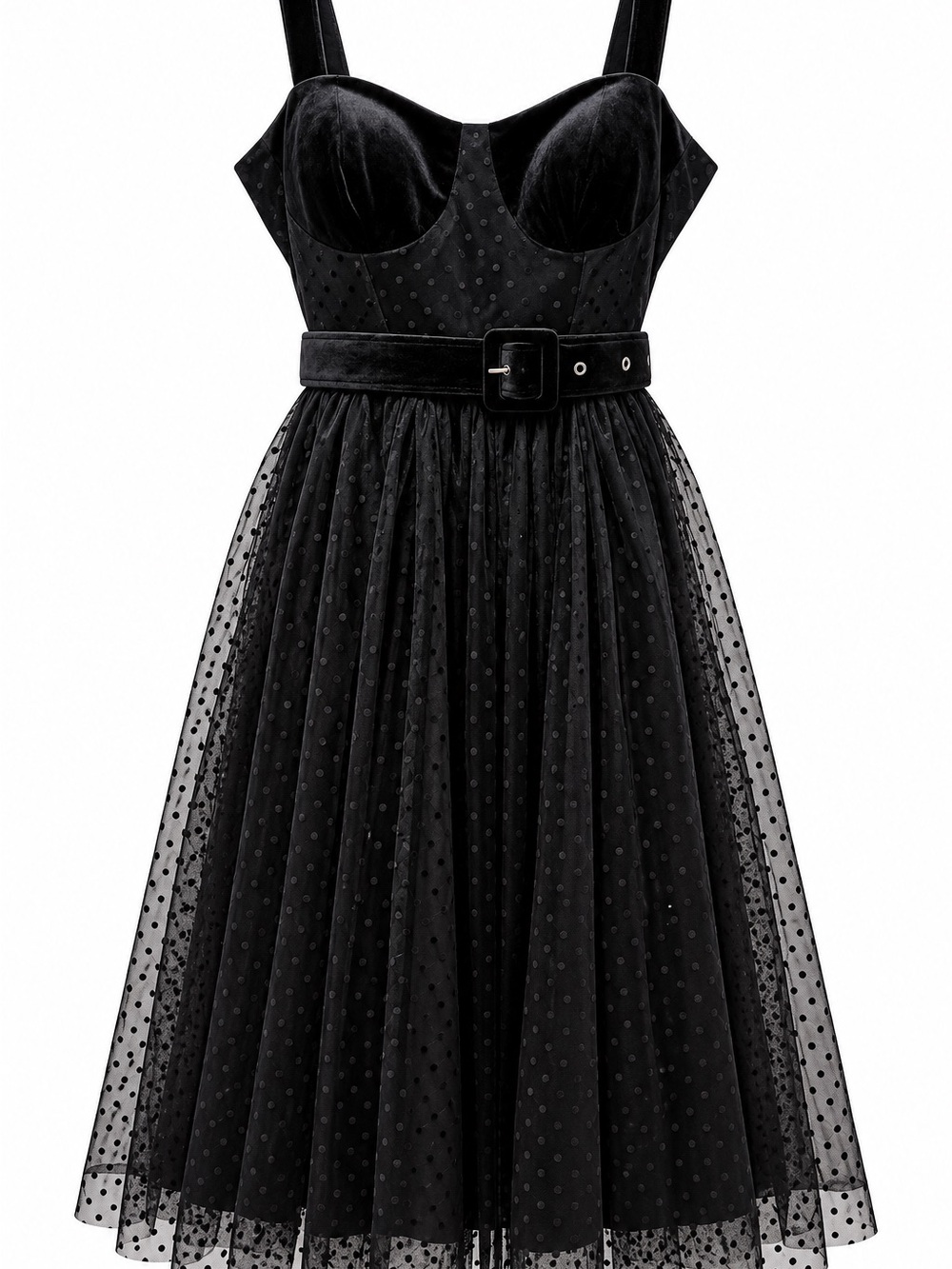 Black Velvet Pin-Up Dress • Polka Dot Tulle • Belted Retro Cocktail Dress NWT